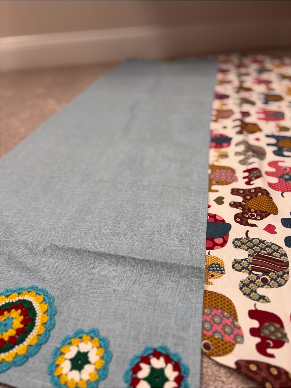 Handmade Blue Table Runner or  Colorful Elephant Print made by my mother